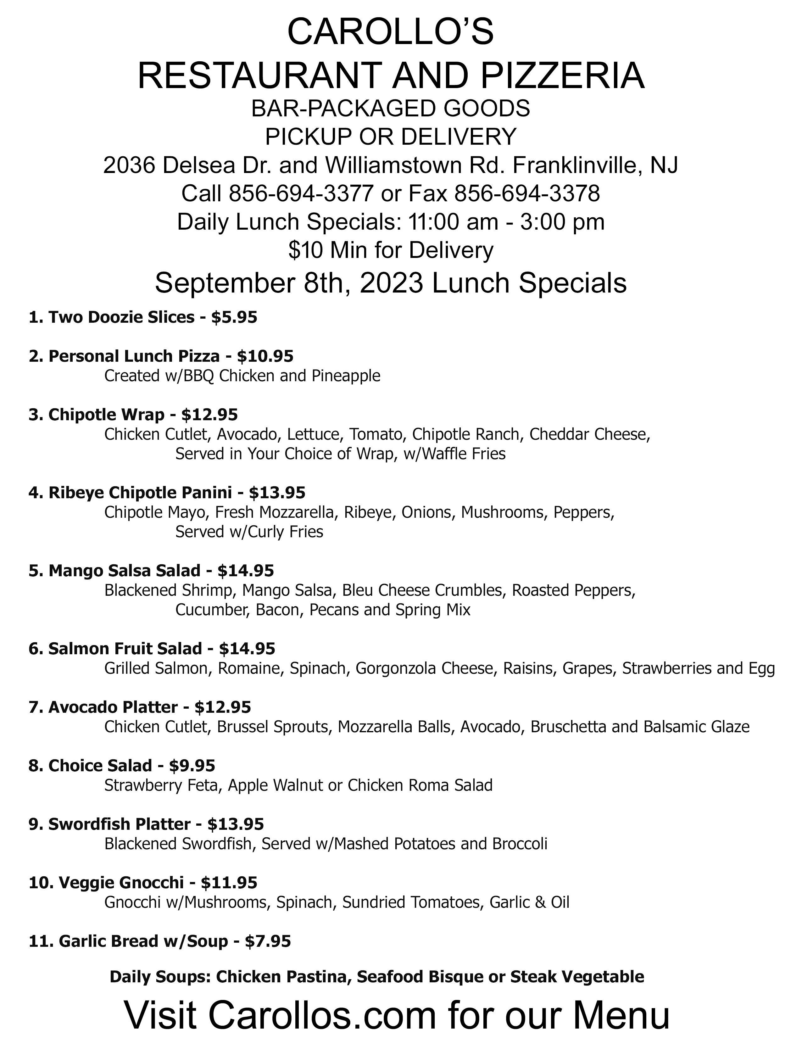 Lunch Specials Carollo's Family Restaurant & Pizzeria 2036 Delsea